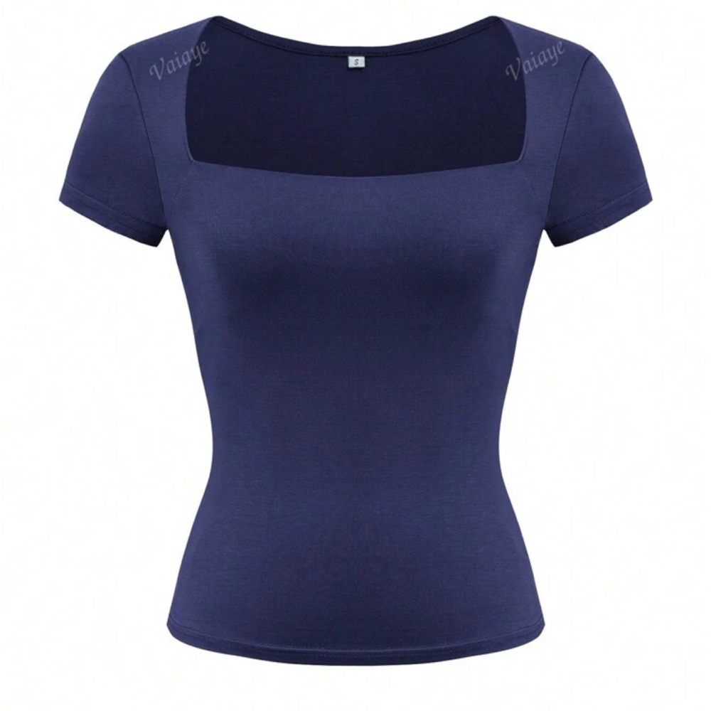 NIP Women's Summer Solid Knitted Square Neck Y2K Cropped Waist T-Shirt